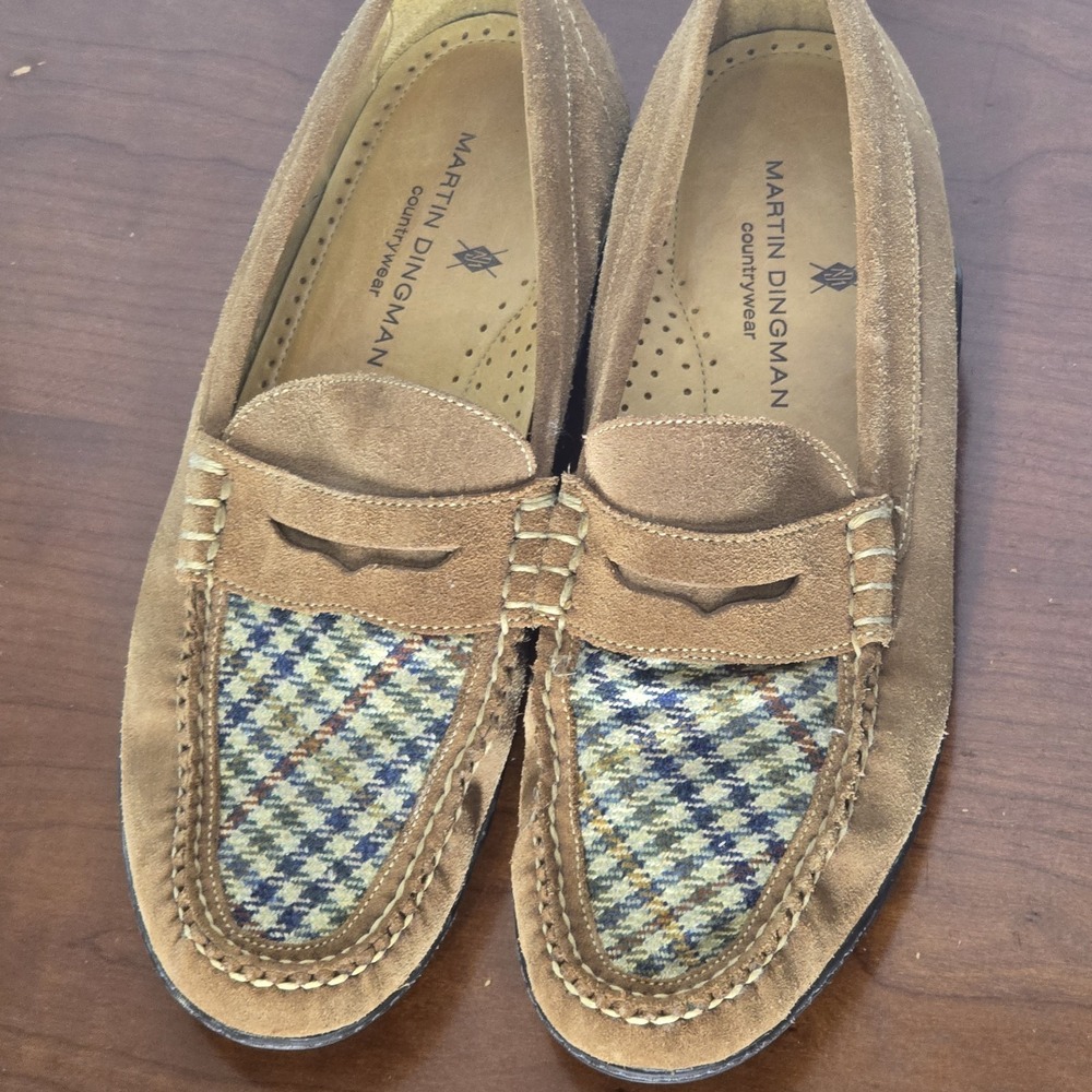 Martin Dingman Suede Driving Loafers Tan Woven Penny Slip On Men's 10.5M